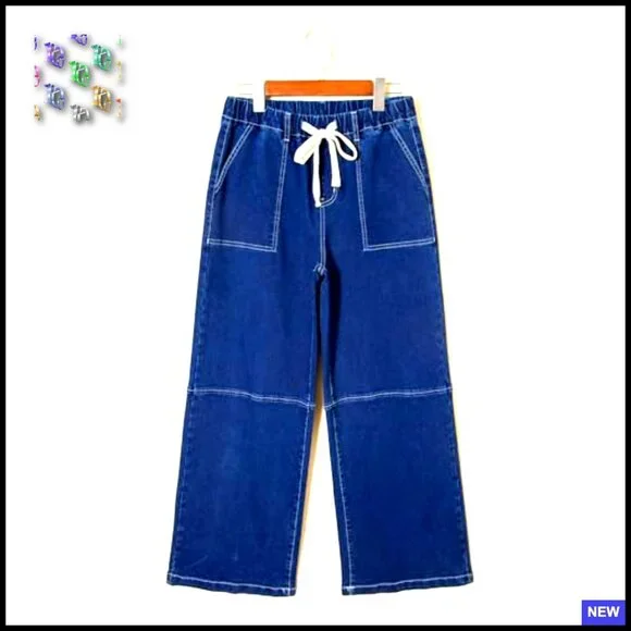 Wide Leg High Waisted Jeans Stretchy Straight Leg Drawstring Pull On Denim Pants